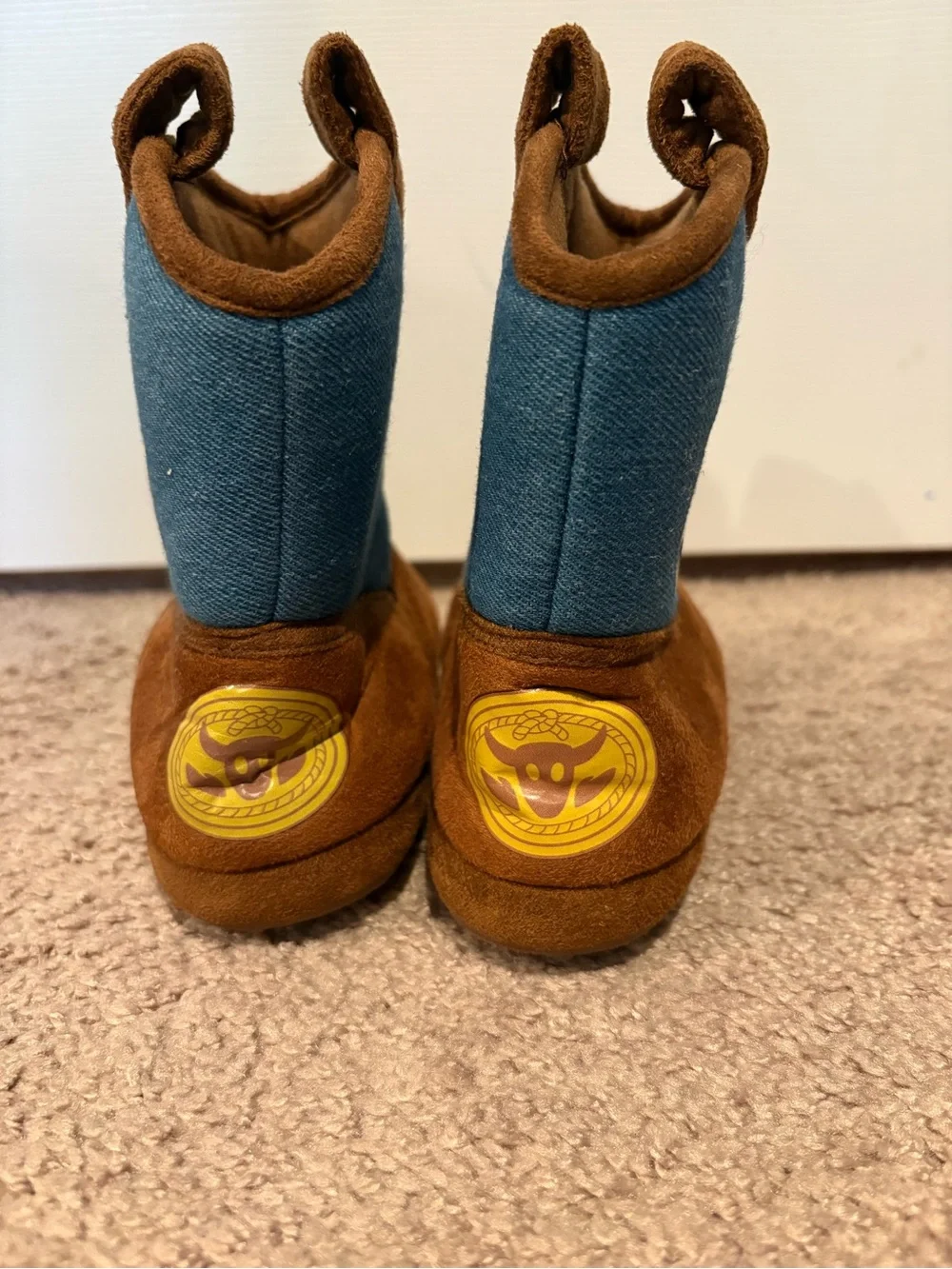 Kids Cowboy Character Boot Slippers in Brown and Blue